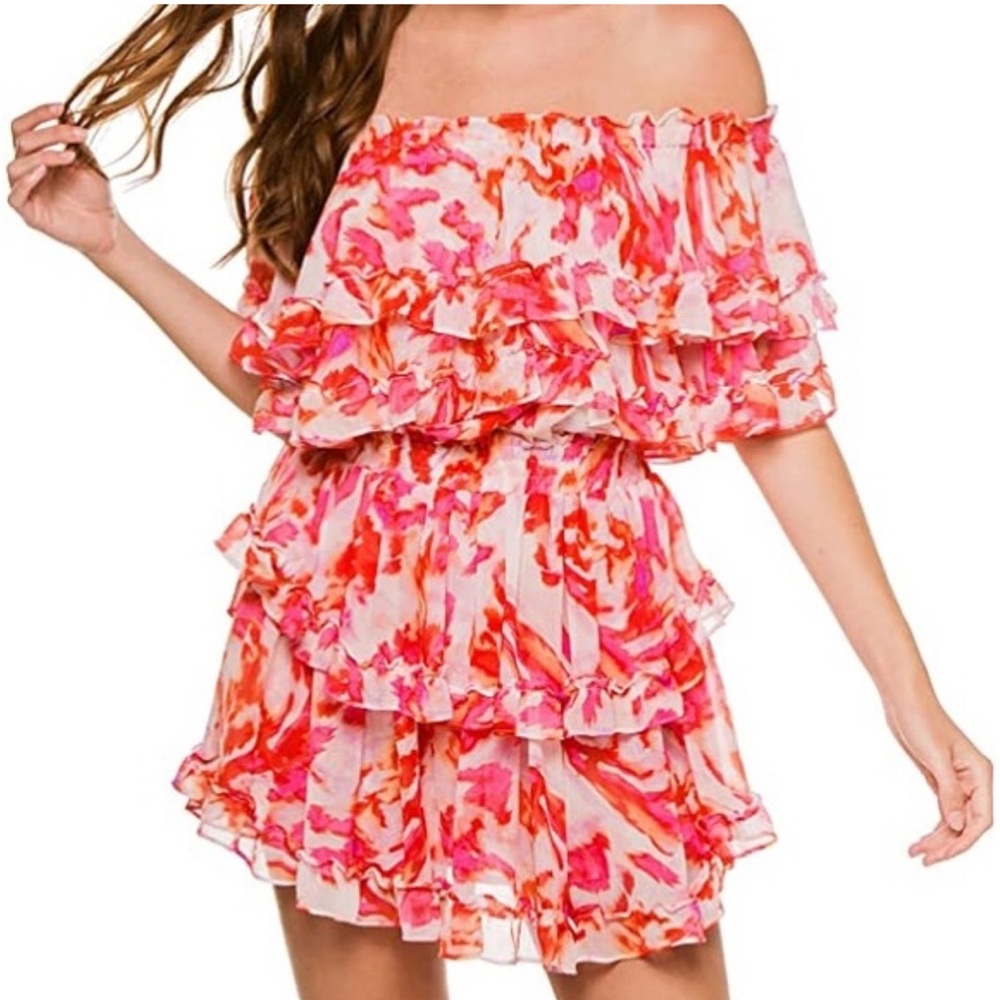 Misa Los Angeles Pink & Coral Off-Shoulder Ruffle Romper